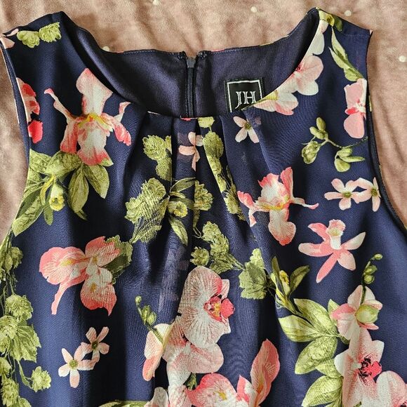 JH Jessica Howard Navy Floral Sleeveless Fit & Flare Pleated Neckline Fully Line - Picture 9 of 10